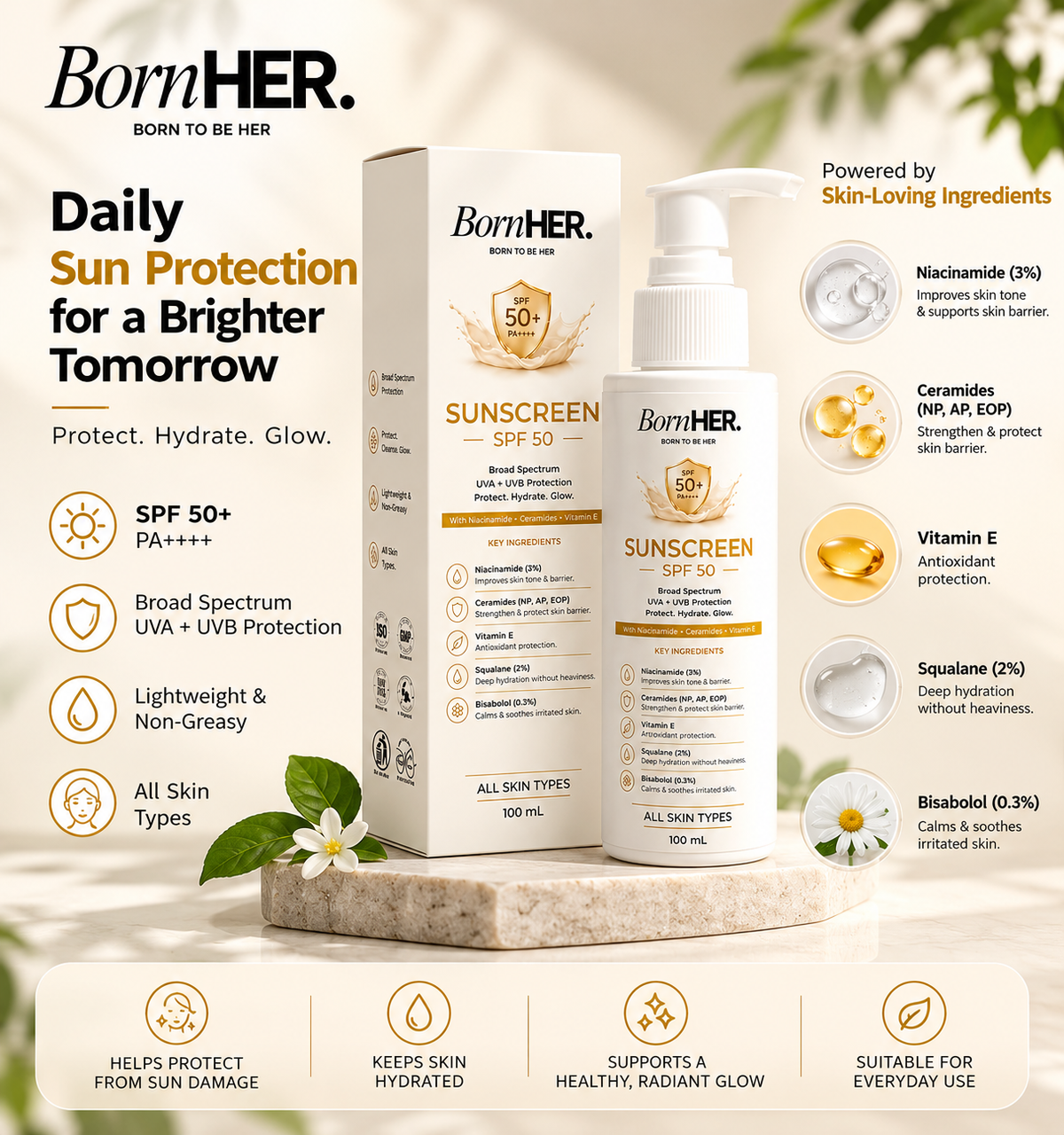 BornHER Sunscreen SPF 50+ PA+++ | Broad-Spectrum UVA & UVB Protection with 3% Niacinamide, Ceramides, Vitamin E & 2% Squalane | Lightweight Daily Sunscreen for All Skin Types | 100 ml