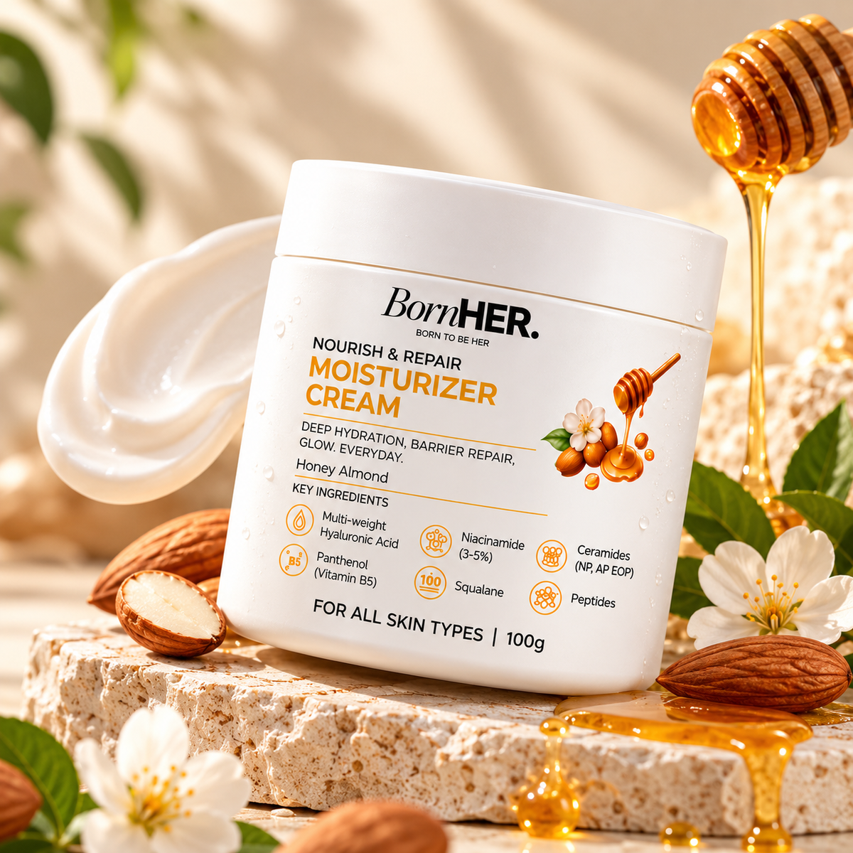 BornHER Nourish & Repair Moisturizer Cream – Deep Hydration & Skin Barrier Care | Honey Almond | 100g