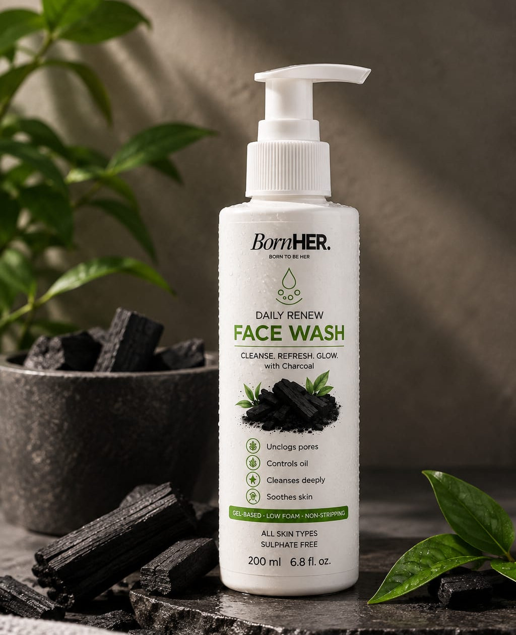 BornHER Daily Renew Charcoal Face Wash with Salicylic Acid, PHA & Zinc PCA ā 200 ml