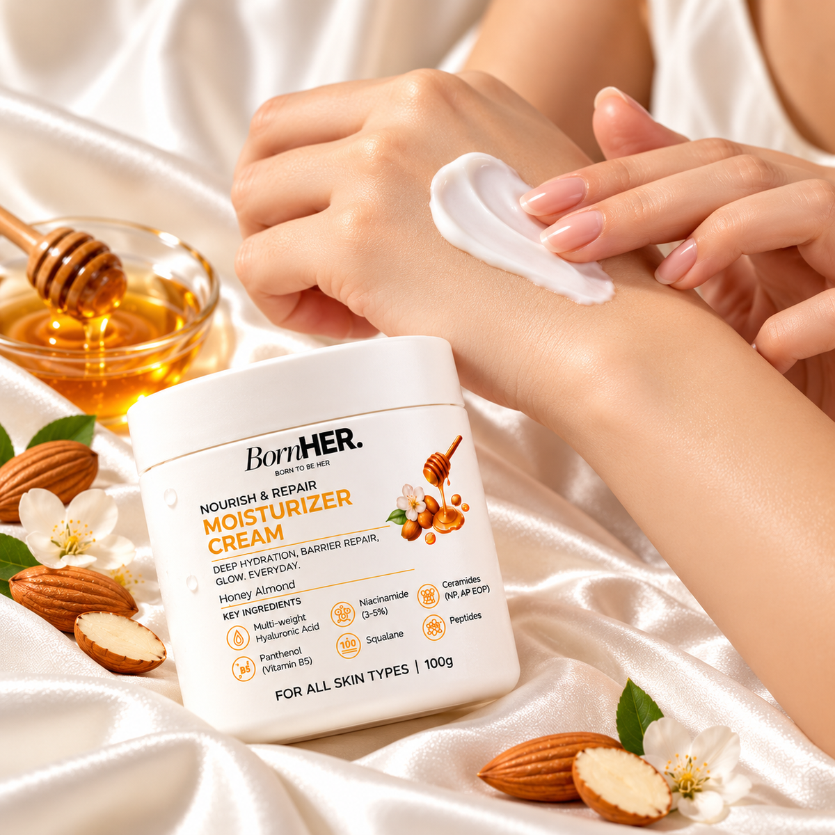 BornHER Nourish & Repair Moisturizer Cream – Deep Hydration & Skin Barrier Care | Honey Almond | 100g