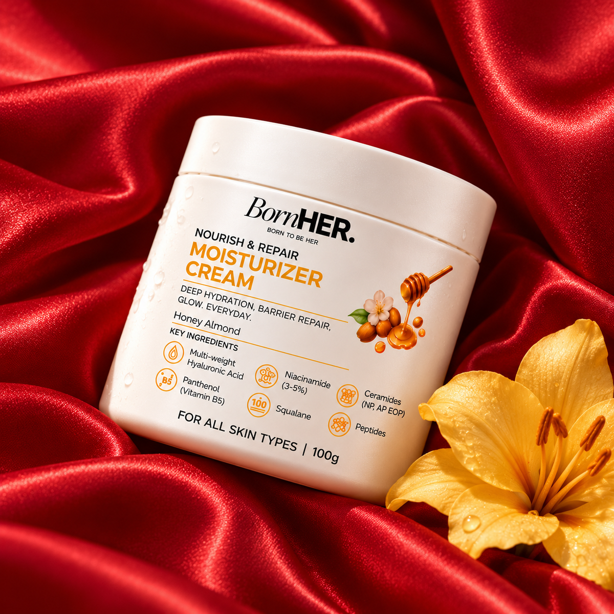 BornHER Nourish & Repair Moisturizer Cream – Deep Hydration & Skin Barrier Care | Honey Almond | 100g