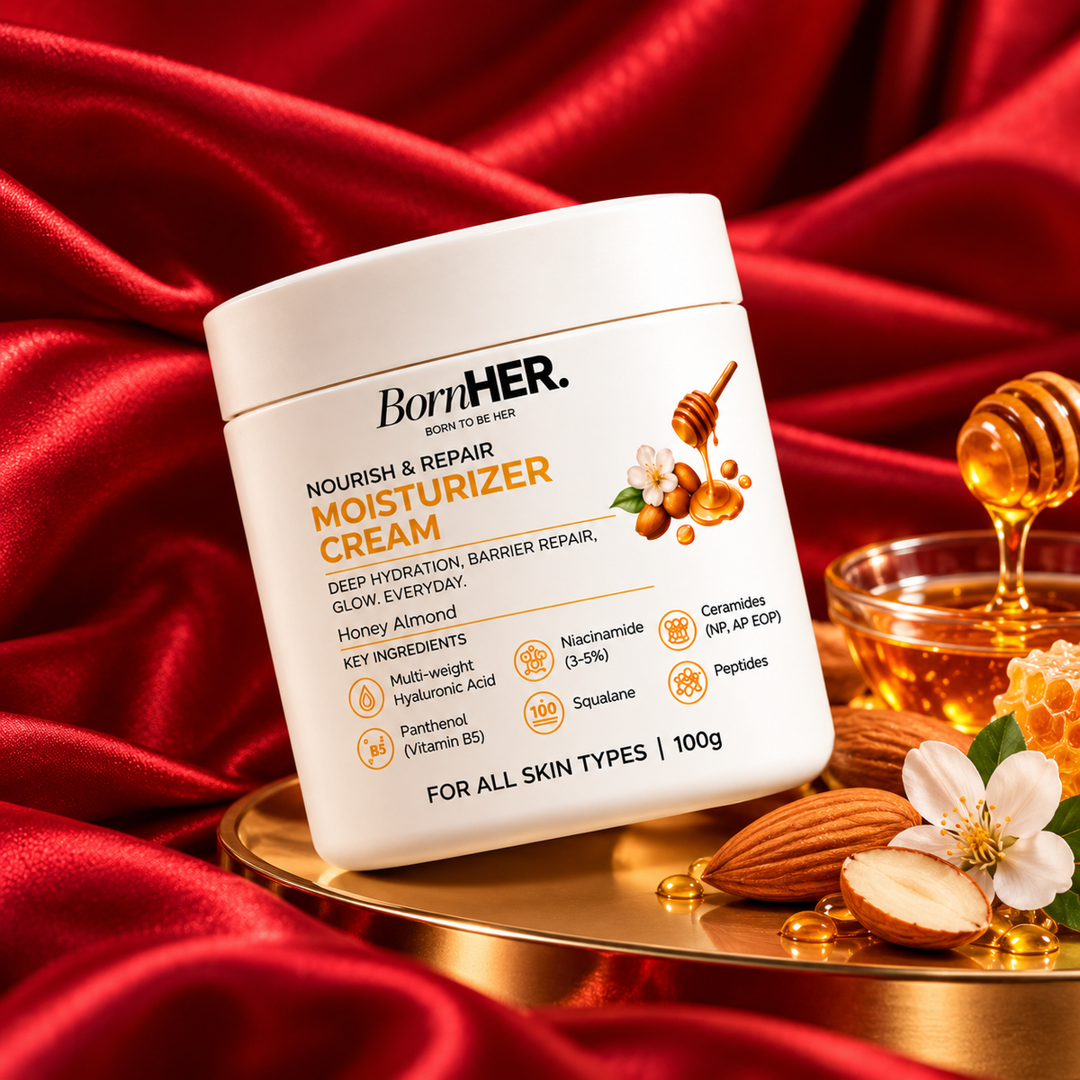 BornHER Nourish & Repair Moisturizer Cream – Deep Hydration & Skin Barrier Care | Honey Almond | 100g