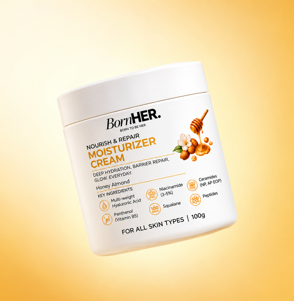 BornHER Nourish & Repair Moisturizer Cream – Deep Hydration & Skin Barrier Care | Honey Almond | 100g