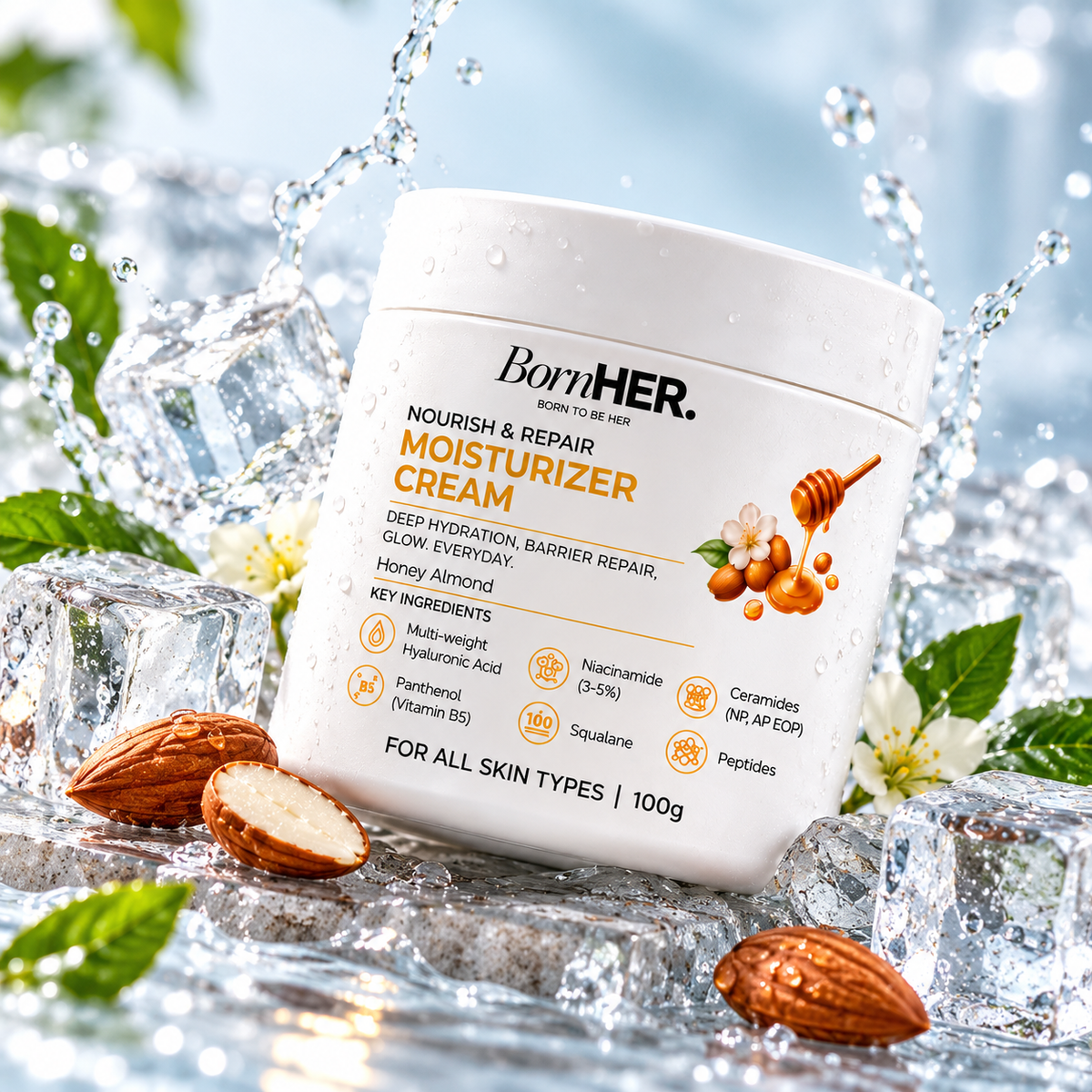 BornHER Nourish & Repair Moisturizer Cream – Deep Hydration & Skin Barrier Care | Honey Almond | 100g