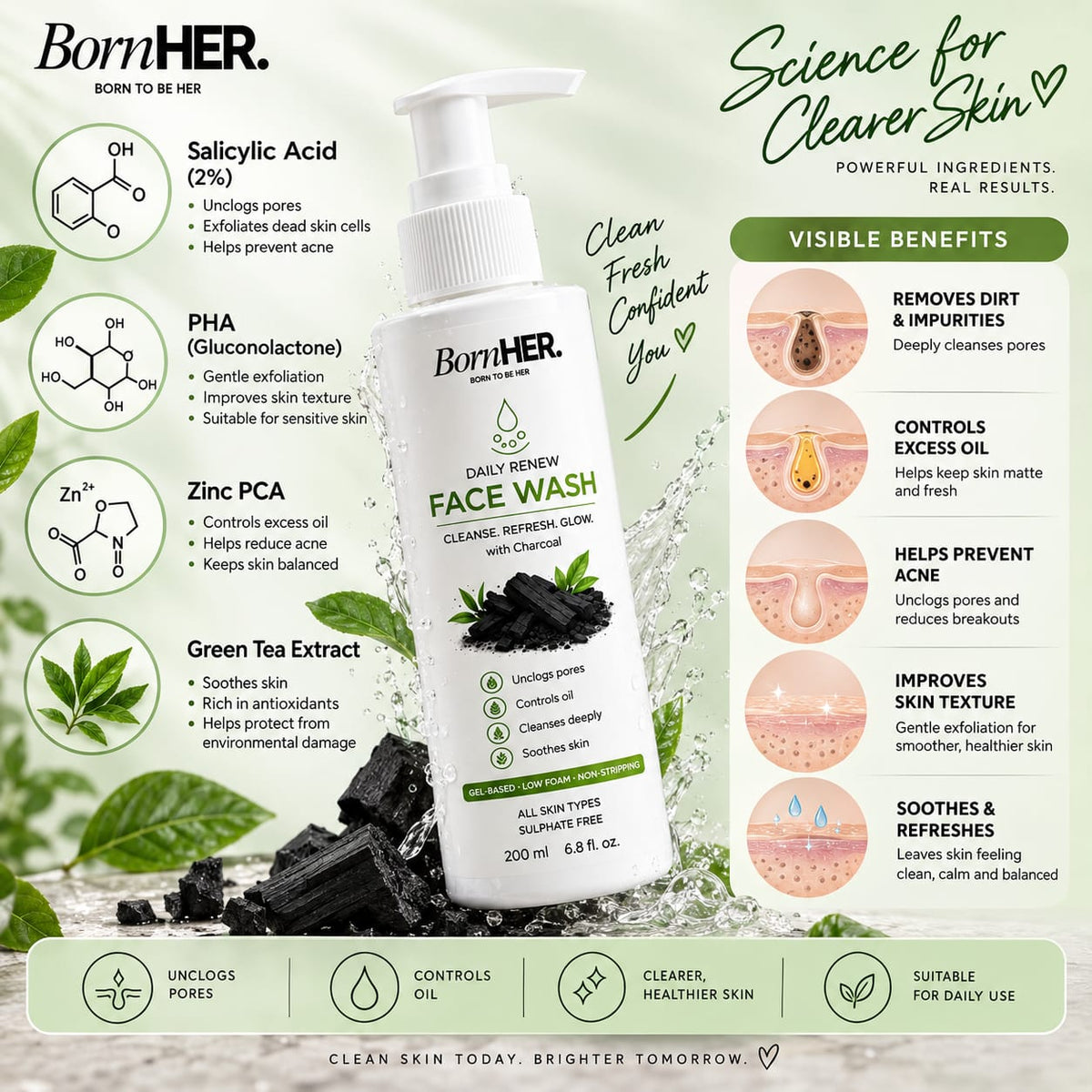 BornHER Daily Renew Charcoal Face Wash with Salicylic Acid, PHA & Zinc PCA – 200 ml