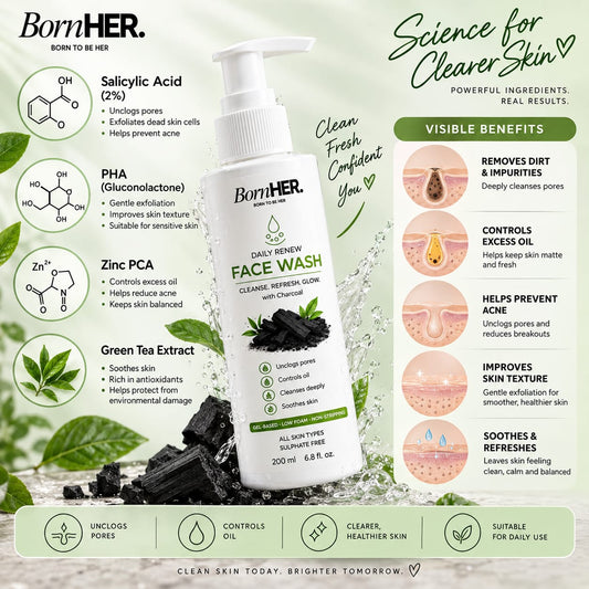 BornHER Daily Renew Charcoal Face Wash with Salicylic Acid, PHA & Zinc PCA – 200 ml