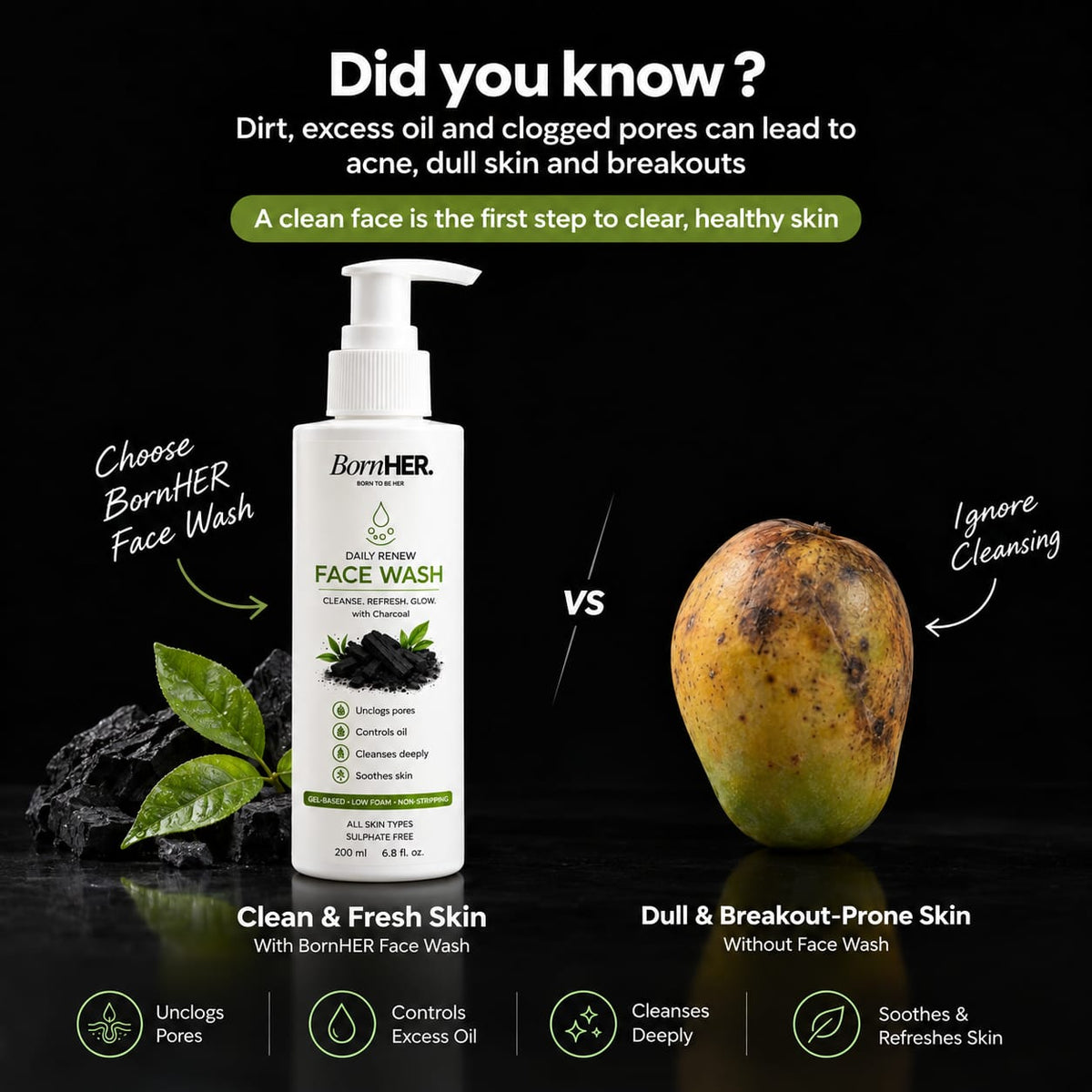 BornHER Daily Renew Charcoal Face Wash with Salicylic Acid, PHA & Zinc PCA – 200 ml