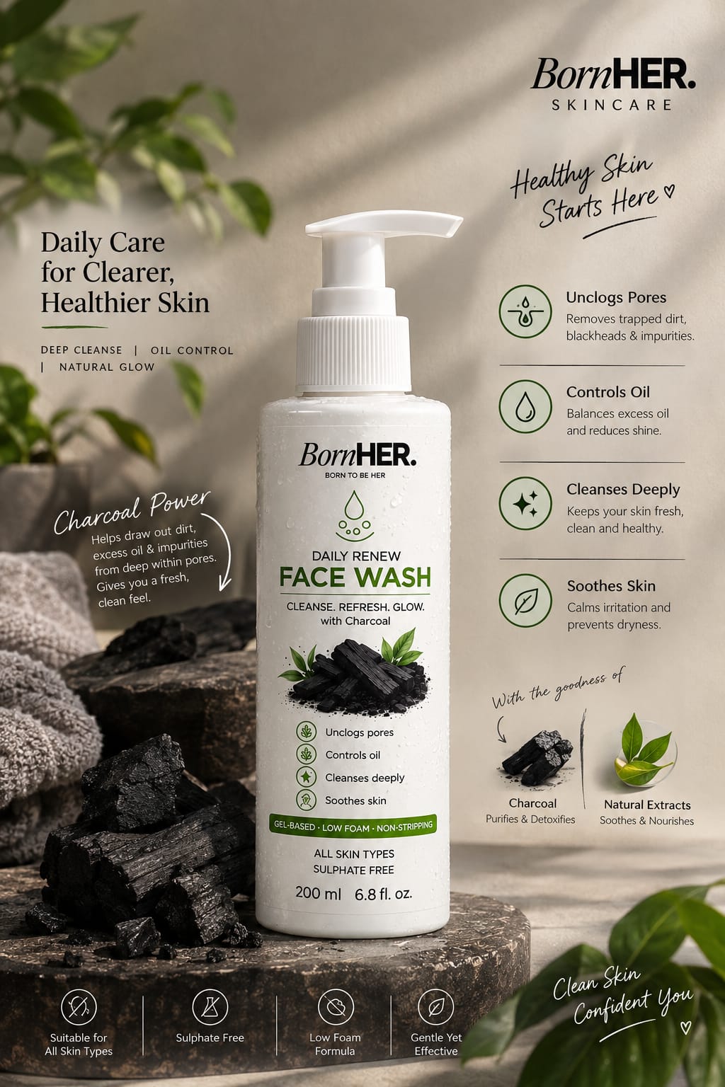 BornHER Daily Renew Charcoal Face Wash with Salicylic Acid, PHA & Zinc PCA – 200 ml