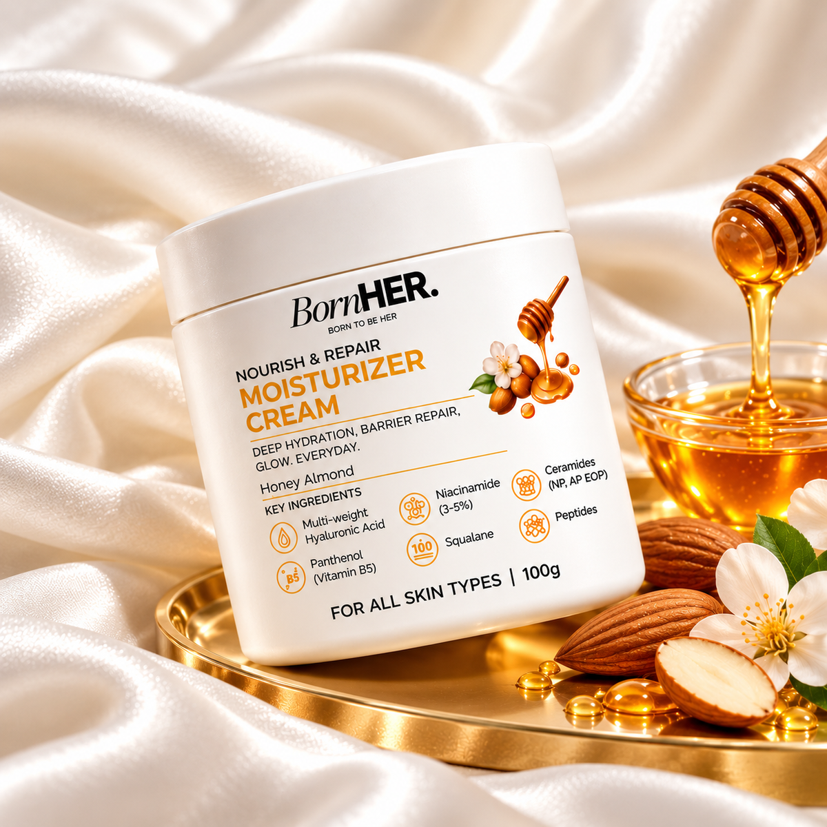 BornHER Nourish & Repair Moisturizer Cream – Deep Hydration & Skin Barrier Care | Honey Almond | 100g