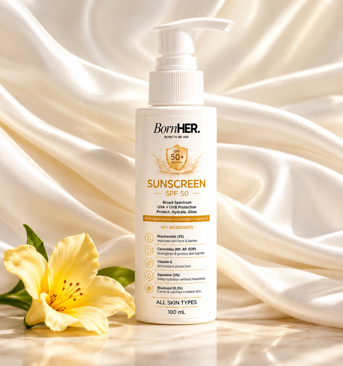 BornHER Sunscreen SPF 50+ PA+++ | Broad-Spectrum UVA & UVB Protection with 3% Niacinamide, Ceramides, Vitamin E & 2% Squalane | Lightweight Daily Sunscreen for All Skin Types | 100 ml